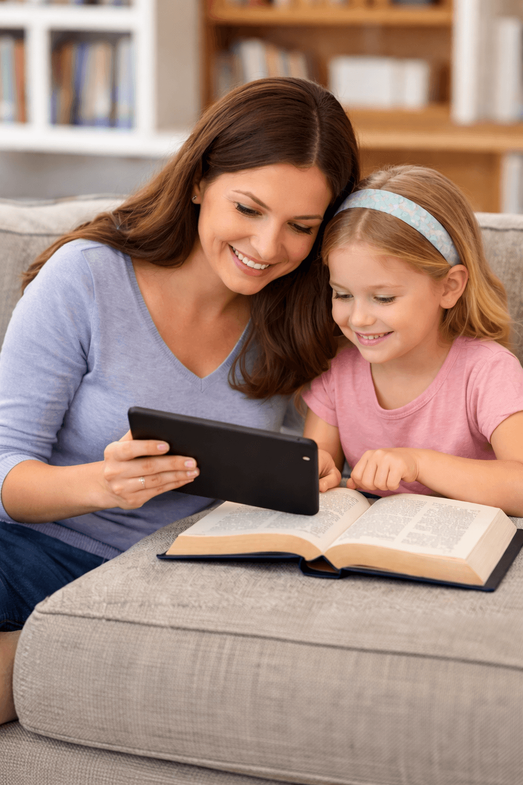 Mother and daughter reading the Bible together